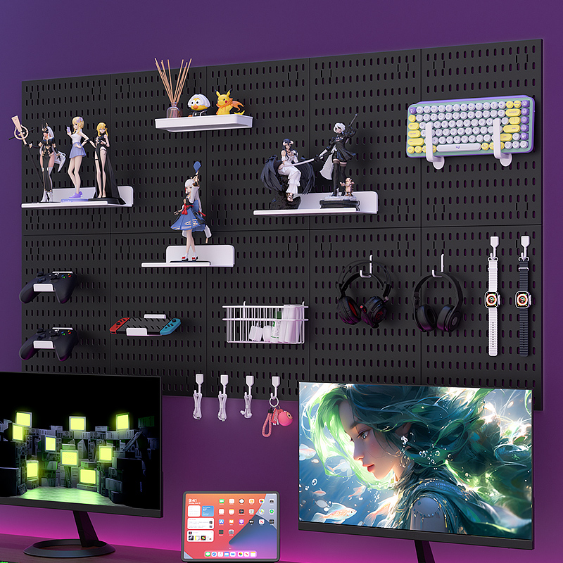Gaming Keyboard Mouse - ชั้นวางของแบบติดผนังสำหรับเล่นเกม – ติดตั้งโดยไม่ต้องเจาะ รองรับเมาส์/คีย์บอร์ด/ตะขอแขวนหูฟัง เหมาะสำหรับการจัดห้องและการตกแต่ง