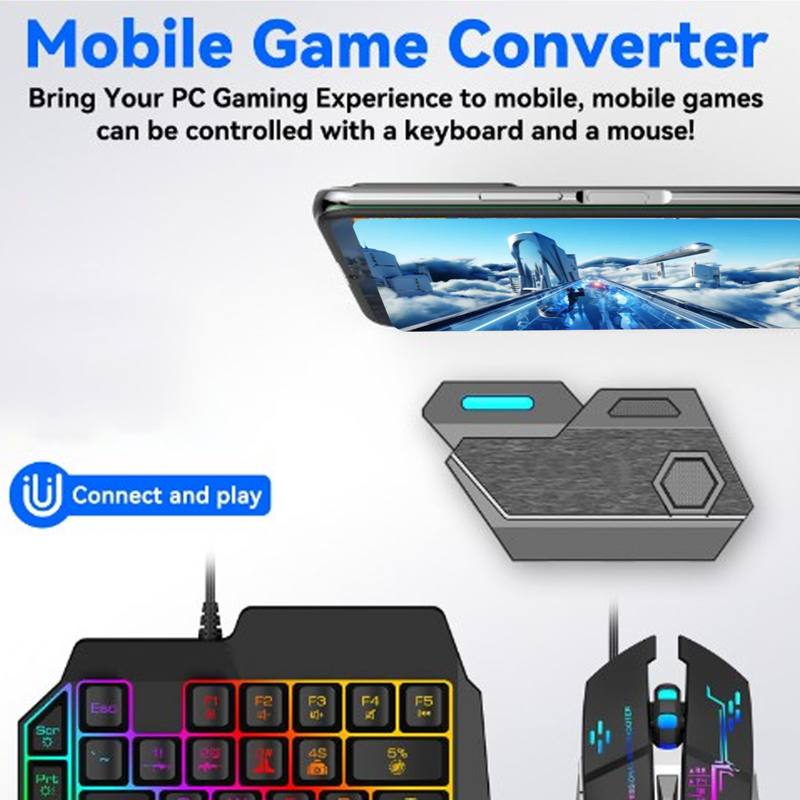 Gaming Keyboard Bluetooth - ชุดคอมโบเกมมือถือ เชื่อมต่อบลูทูธ คีย์บอร์ดและเมาส์แบบมือเดียว ตอบสนองไว พร้อมที่ยึดโทรศัพท์ปรับได้สำหรับเล่นเกม