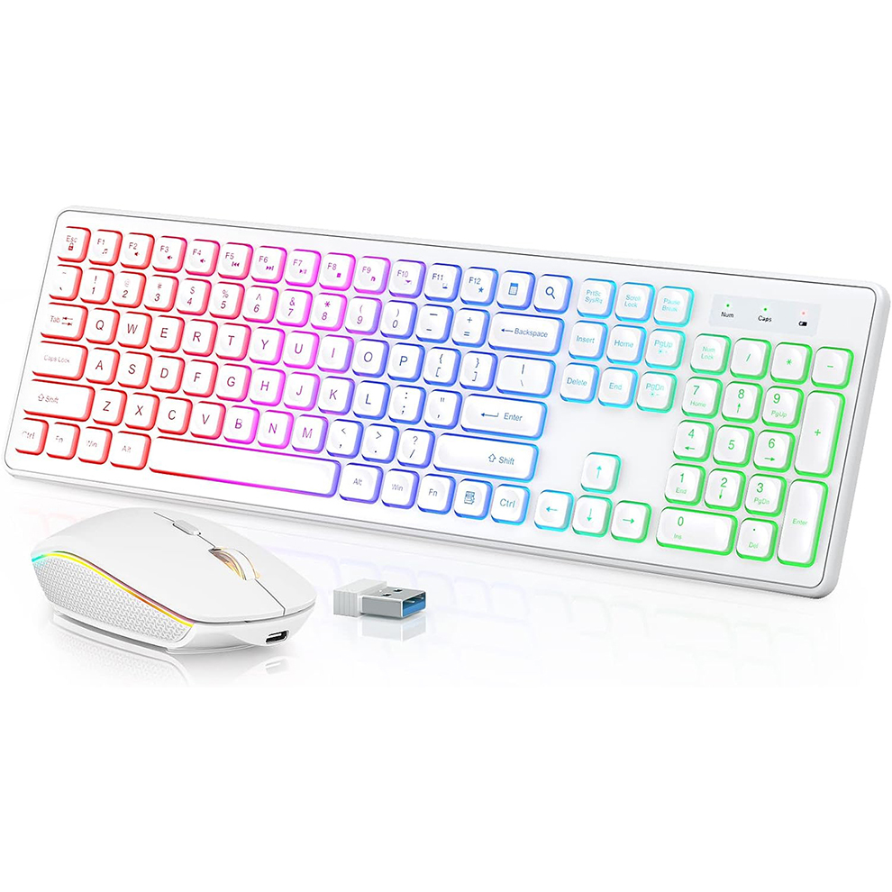 Gaming Keyboard Bluetooth - คีย์บอร์ดและเมาส์ไร้สายแบบมีไฟพื้นหลัง, ปุ่มเรืองแสงเงียบ, ขาตั้งปรับเอียงได้, ชุดคอมโบไร้สายแบบชาร์จไฟได้ผ่าน USB สำหรับคอมพิวเตอร์,